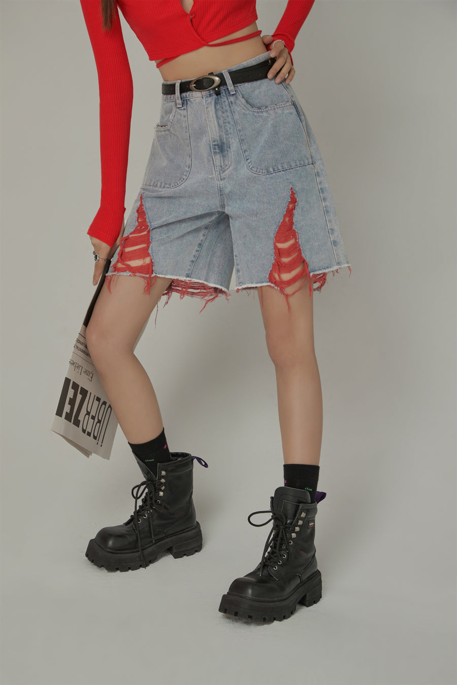 CHUU Color Distressed Rips Loosefit Denim Shorts