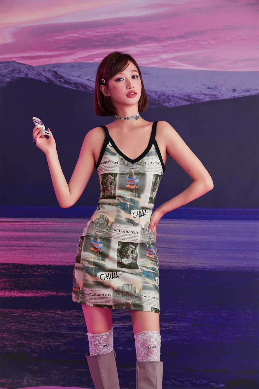 CHUU Logo Newspaper V-Neck Strap Mini Dress