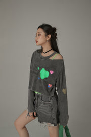 Size Doesnt Matter Open Shoulder Color Hearts Cropped T-Shirt