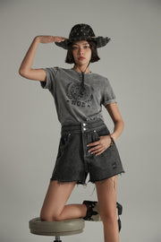 Distressed Raw Hem Double Button Denim Shorts