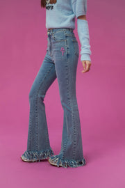 Frayed Tassel Hem Bootcut Denim Jeans