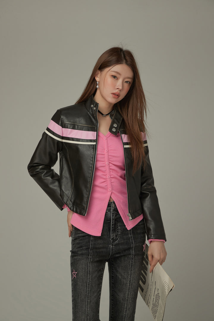 Color Combination Leather Jacket