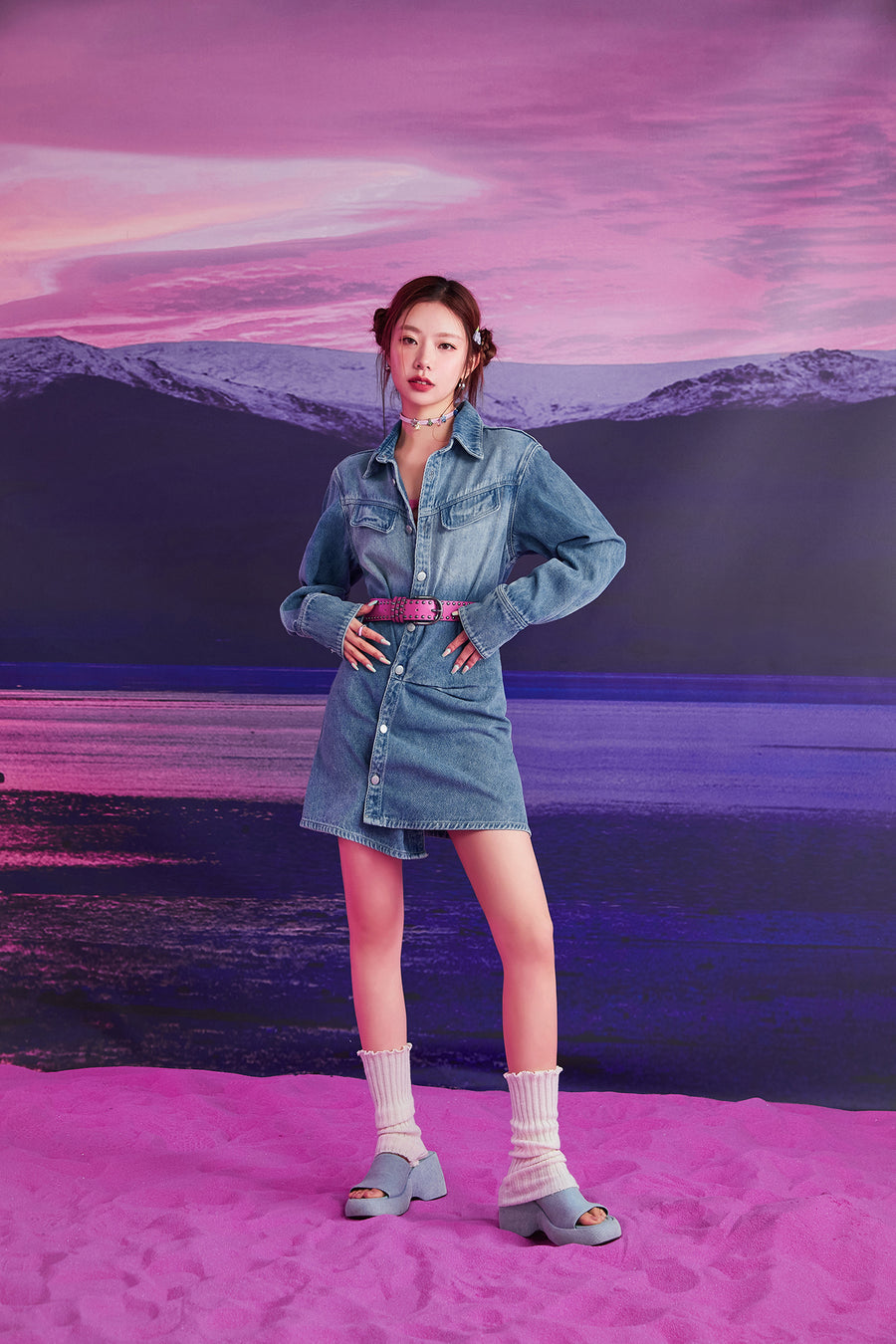 CHUU Unbalanced Denim Long Sleeve Dress