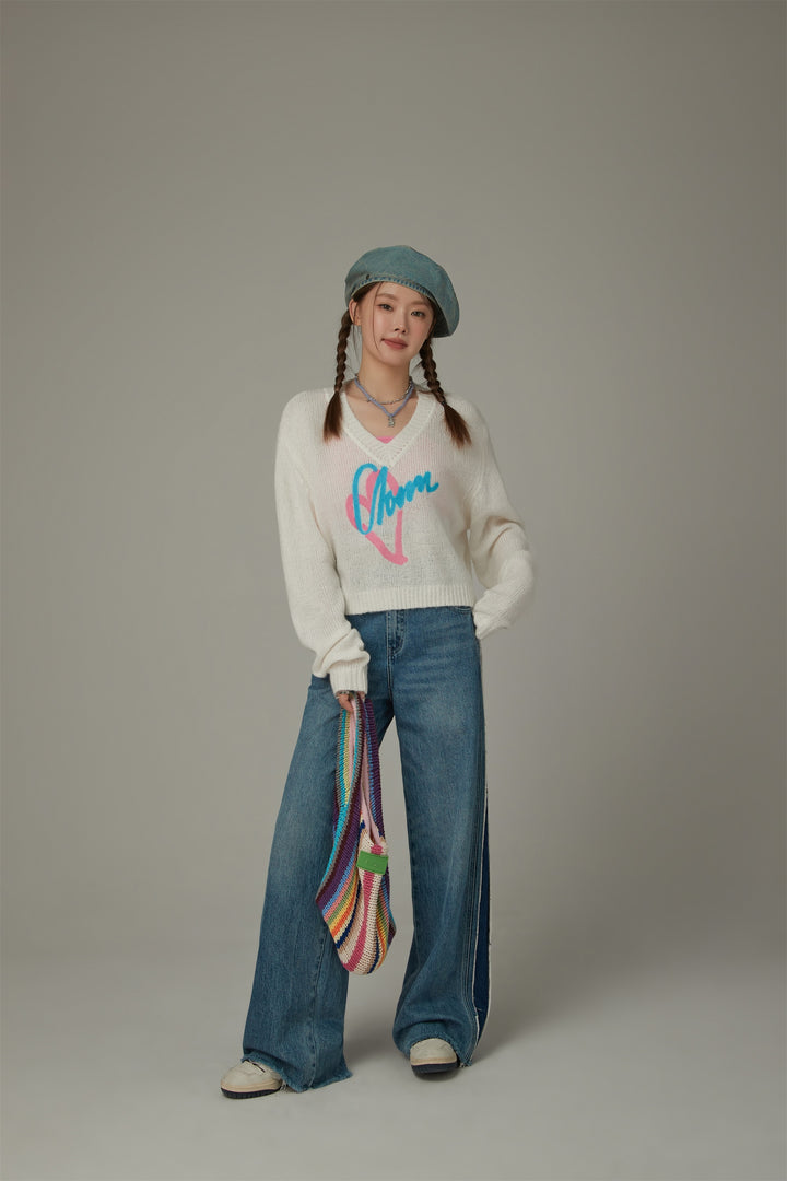 Logo Heart V-Neck Knit Sweater