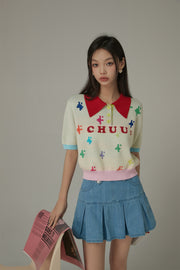 Polo Neck Color Blocked Multi-Color Pixel Block Pattern Knit Top