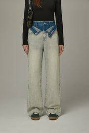 Folded Waist Color Combination Wide Denim Jeans