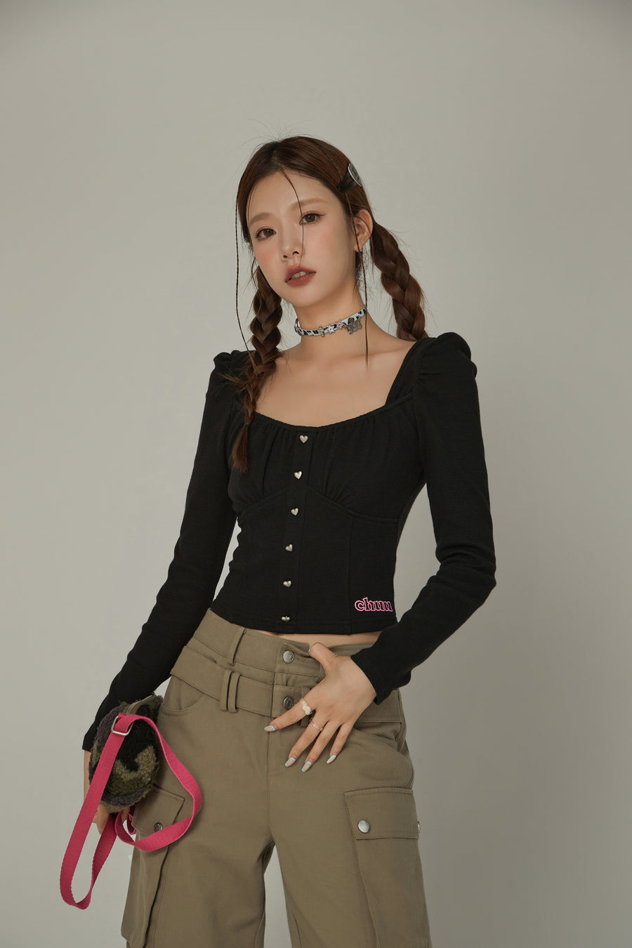 CHUU Heart Buttons Square Puff Sleeve Top