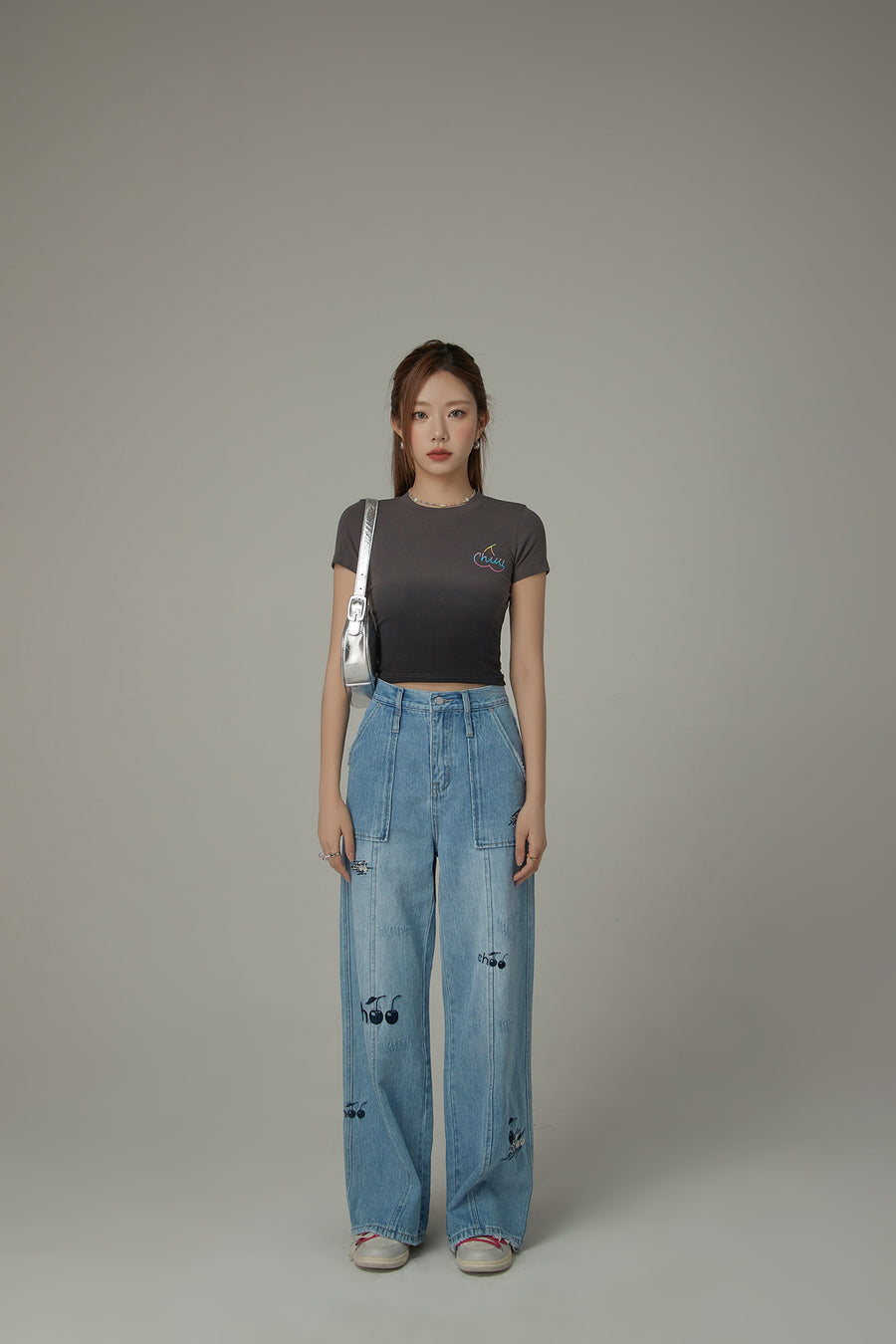 CHUU Gradient Round Neck Slim Short-Sleeved Cropped T-Shirt