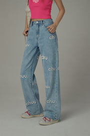 Embroidered Lettering Straight Jeans