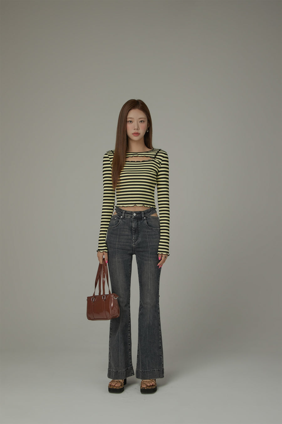 CHUU Chest Cutout Frill Long Sleeves Striped Top