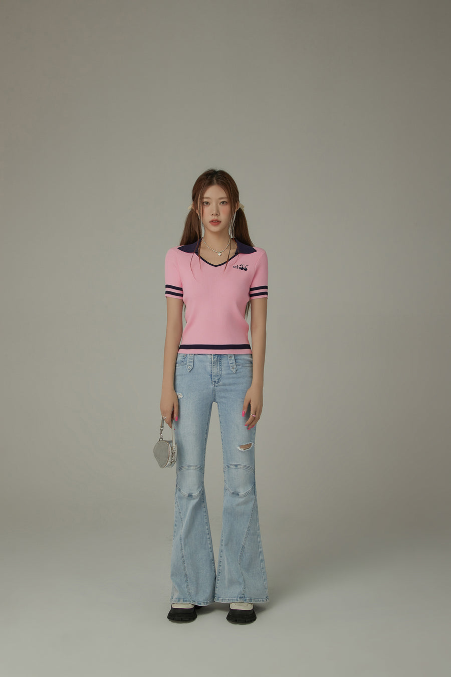 CHUU Open Collar Color Combination Knit Top