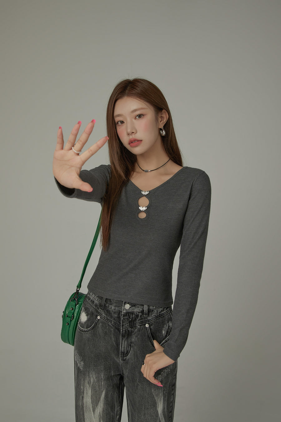 CHUU Metal Hearts Cutout Long Sleeves Top