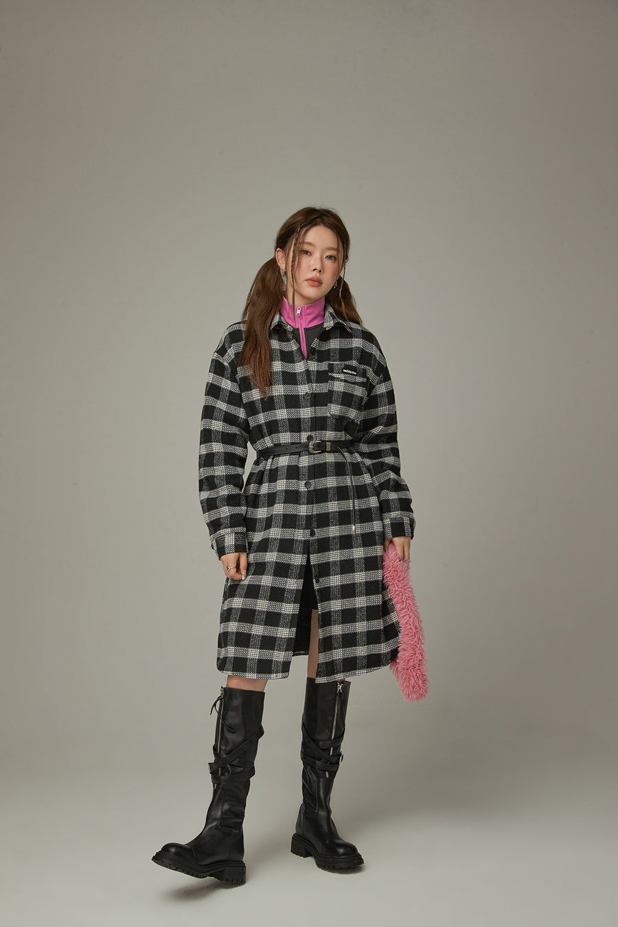 CHUU Check Long Button Coat