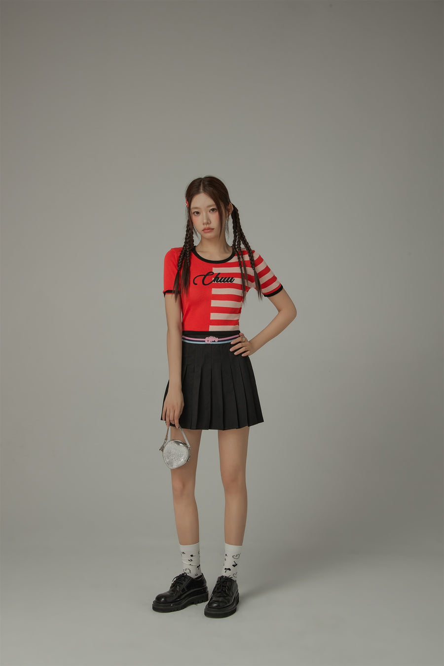 CHUU Chuu Lettering Half Striped Colorblocked Knit Crop Top