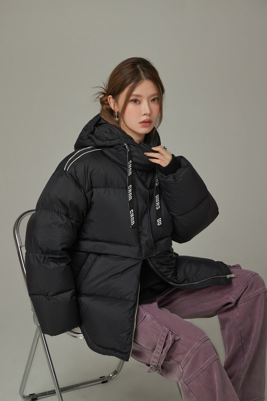 CHUU Logo String Hooded Oversized Padded Jacket