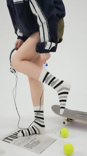 Two Toned Striped Chuu Lettering High Socks