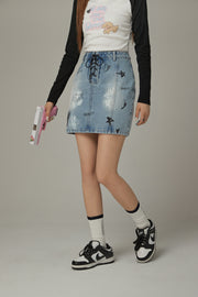 Lace Up Heart Star Denim Skirt