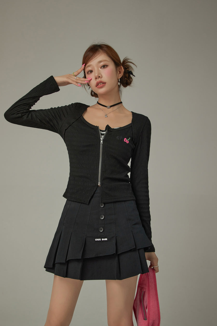 CHUU Cherry Embroidered Logo Zip-Up Top