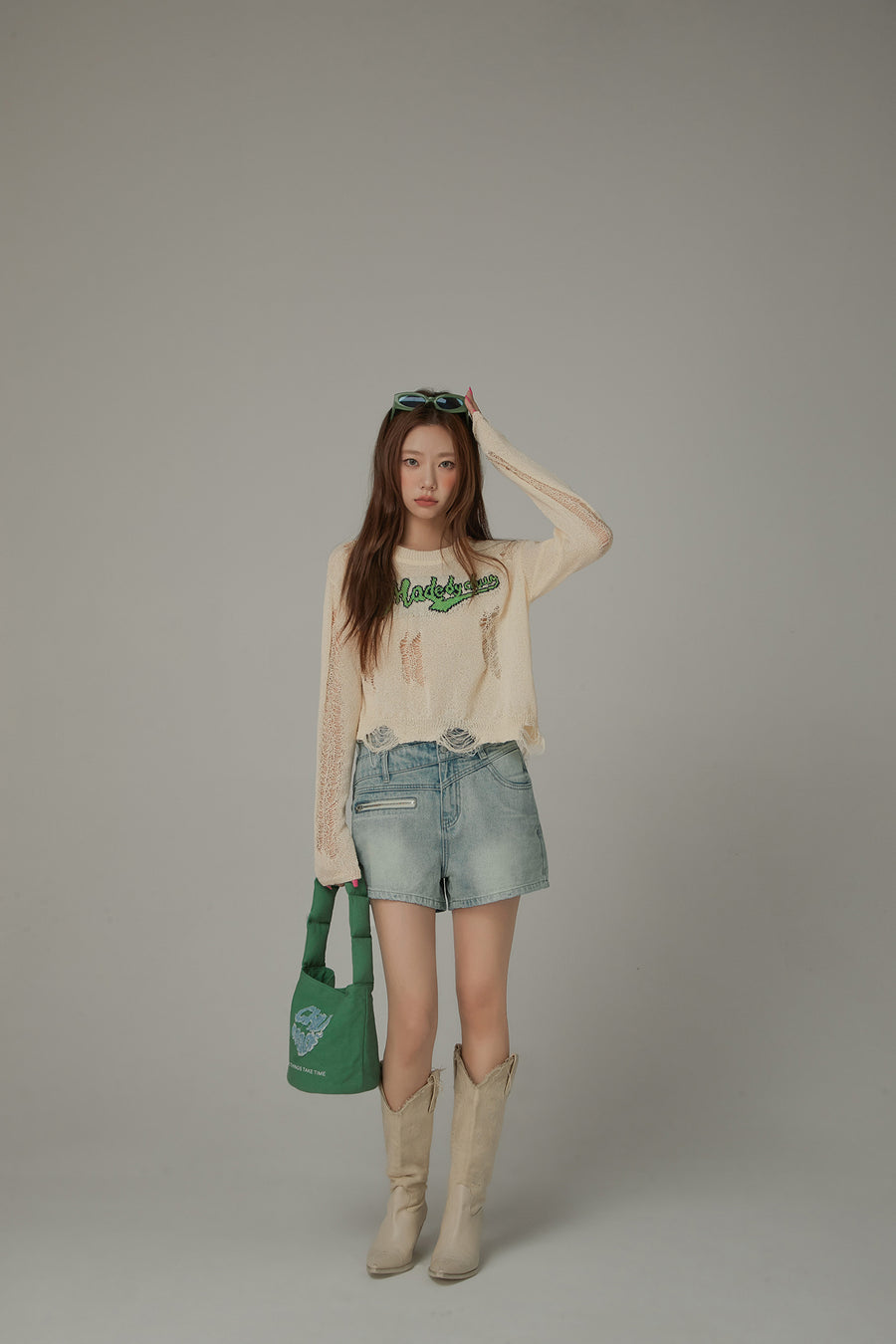 CHUU Distressed Long Sleeve Unbalanced Knit Top