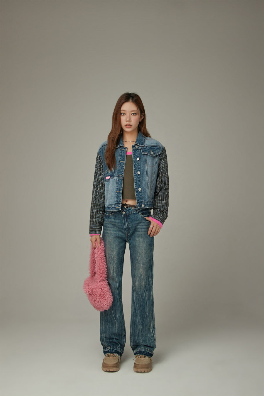 CHUU Tweed Sleeves Pocket Denim Jacket