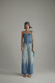 Tube Top Multi Buttons Denim Jumpsuit