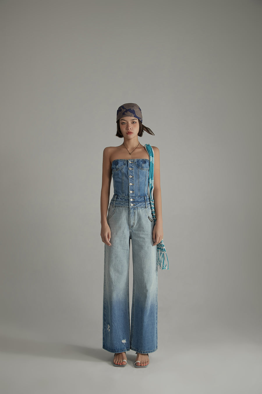 CHUU Tube Top Multi Buttons Denim Jumpsuit