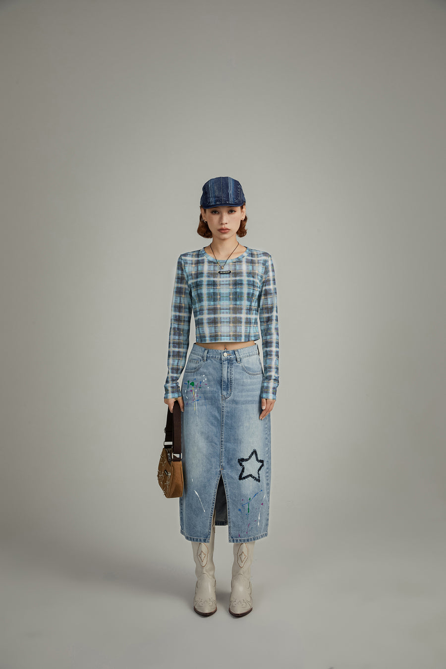 CHUU Star Denim Long Slit Skirt