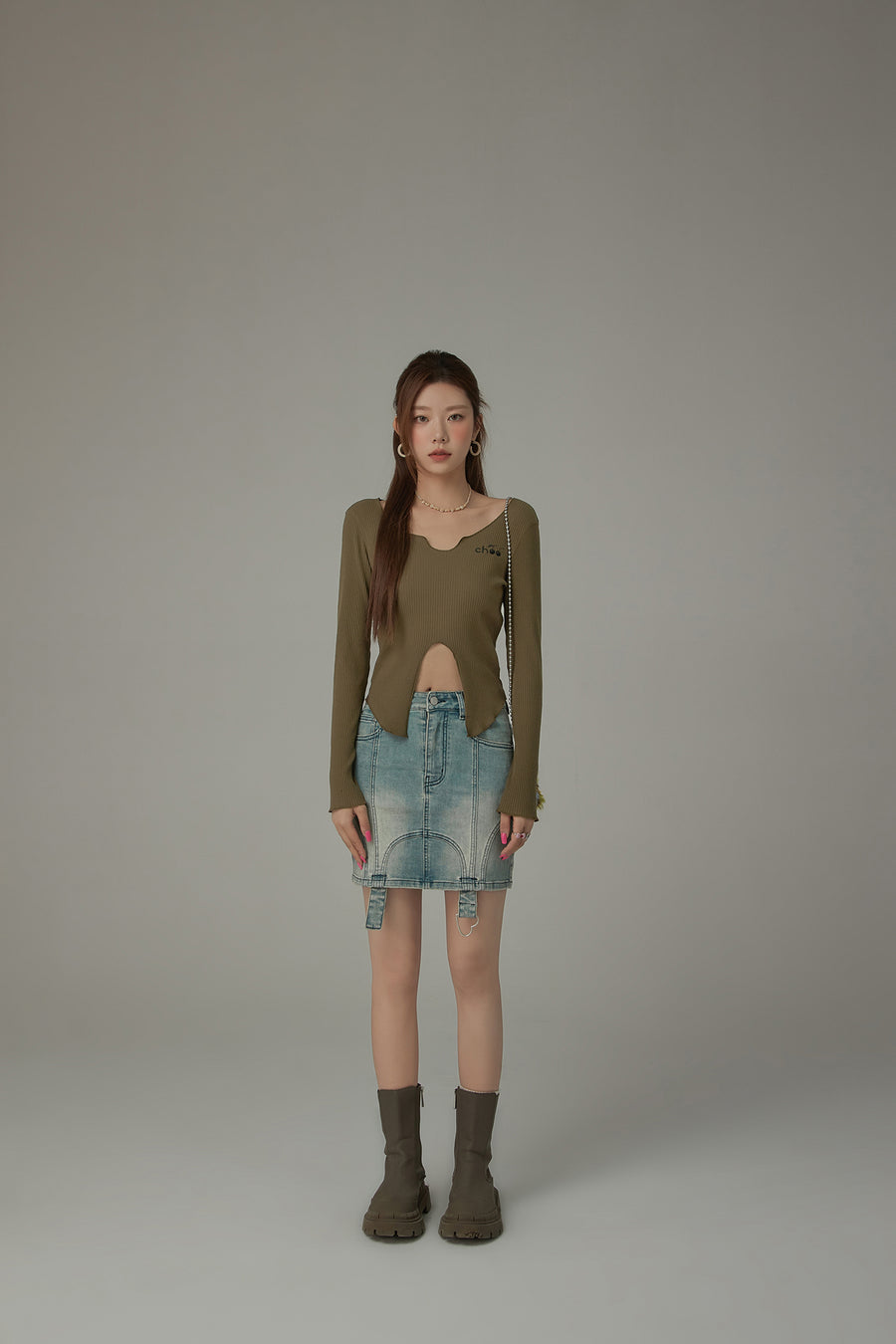 CHUU High Waisted Washed Denim Mini Skirt