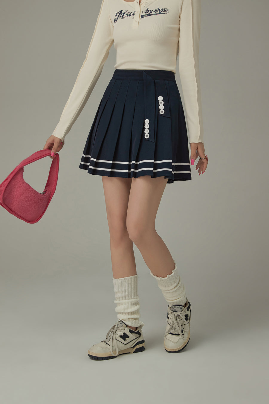 CHUU Stripe Button Pleated Sporty Mini Skirt