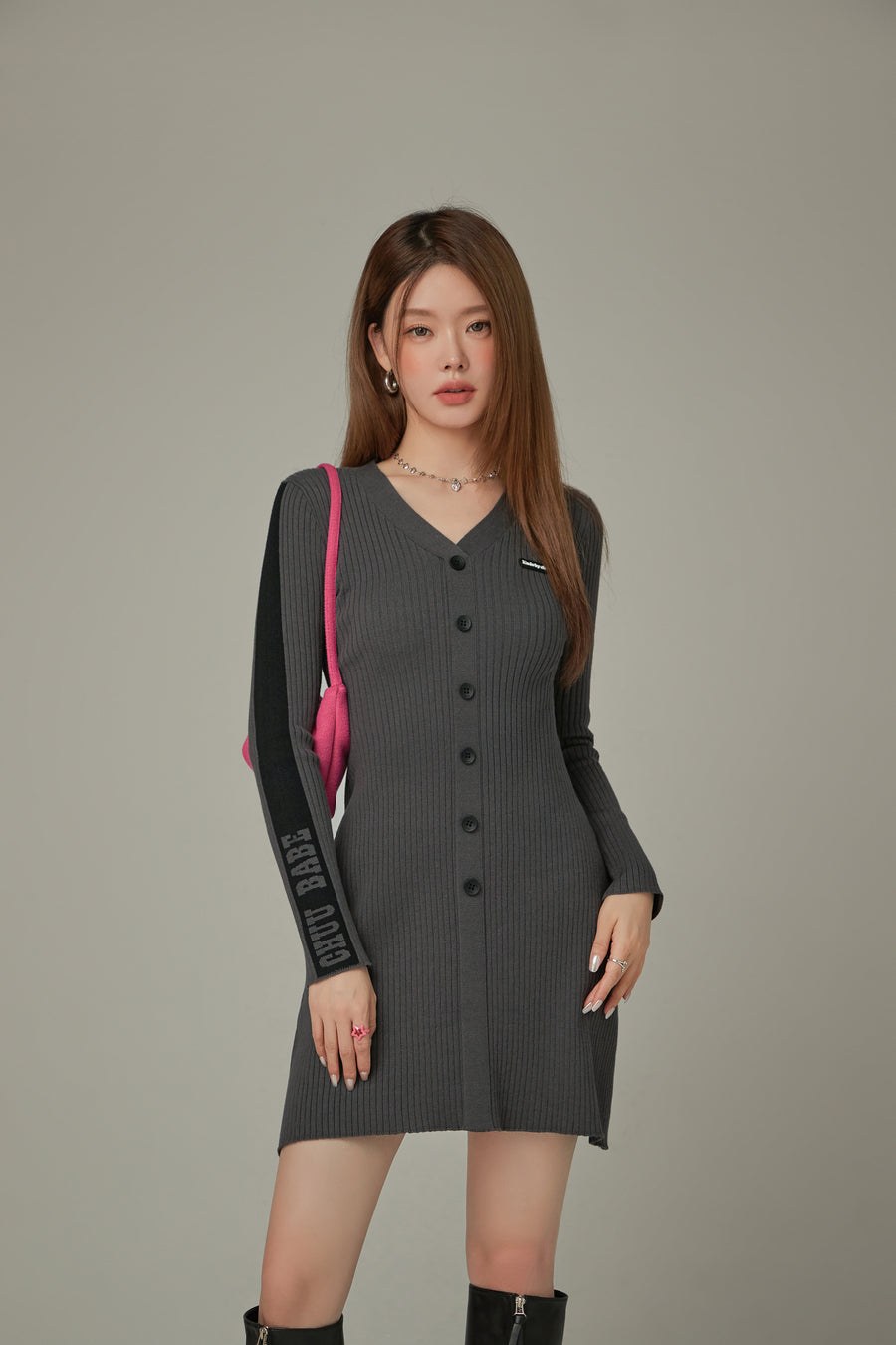 CHUU Ribbed Knit Button Dress