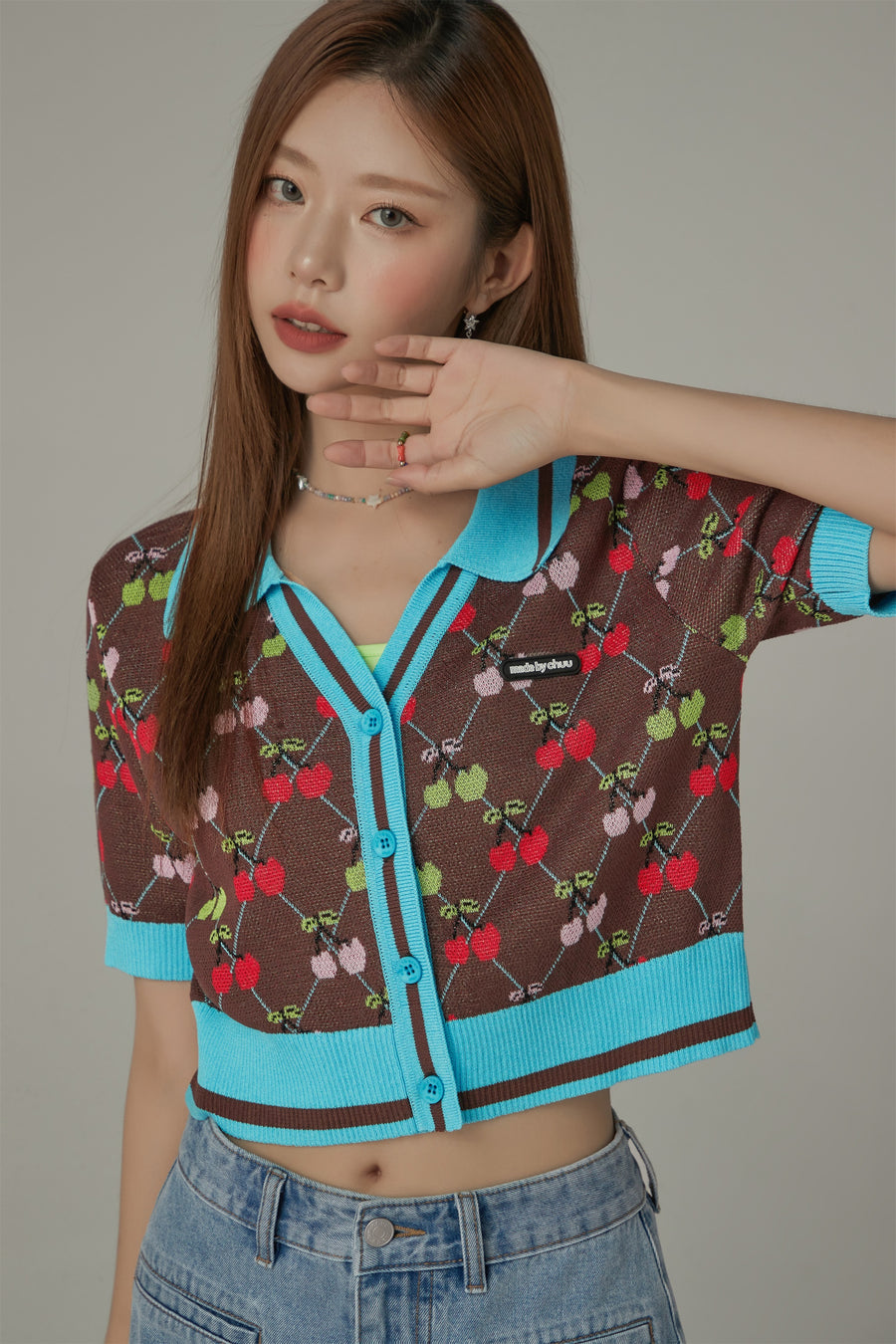 CHUU Cherry Argyle Colored Short Sleeve Knit Cardigan