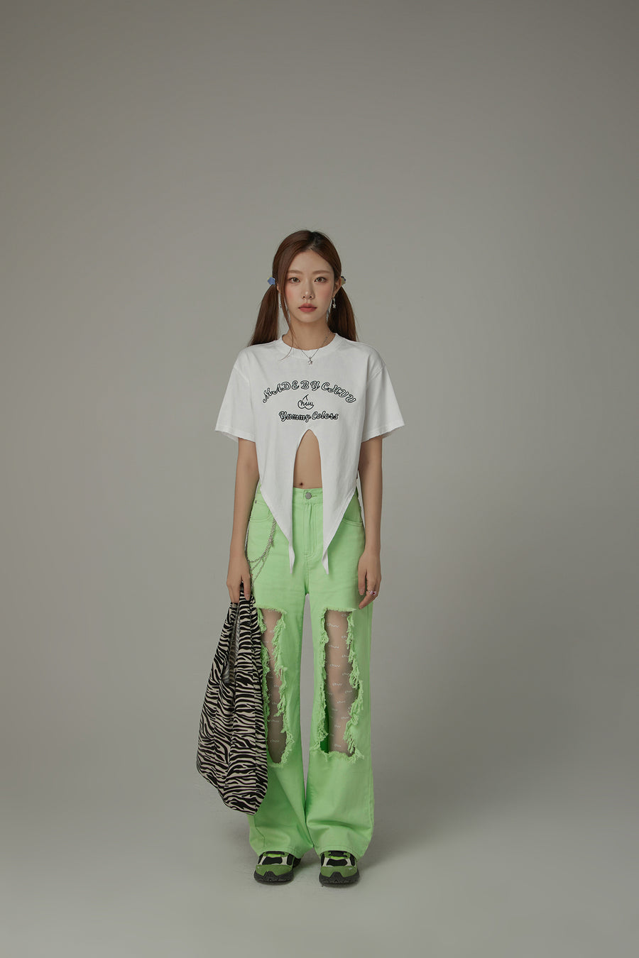 CHUU Gradient Short Sleeve Ribbon Tie Up Crop T-Shirt