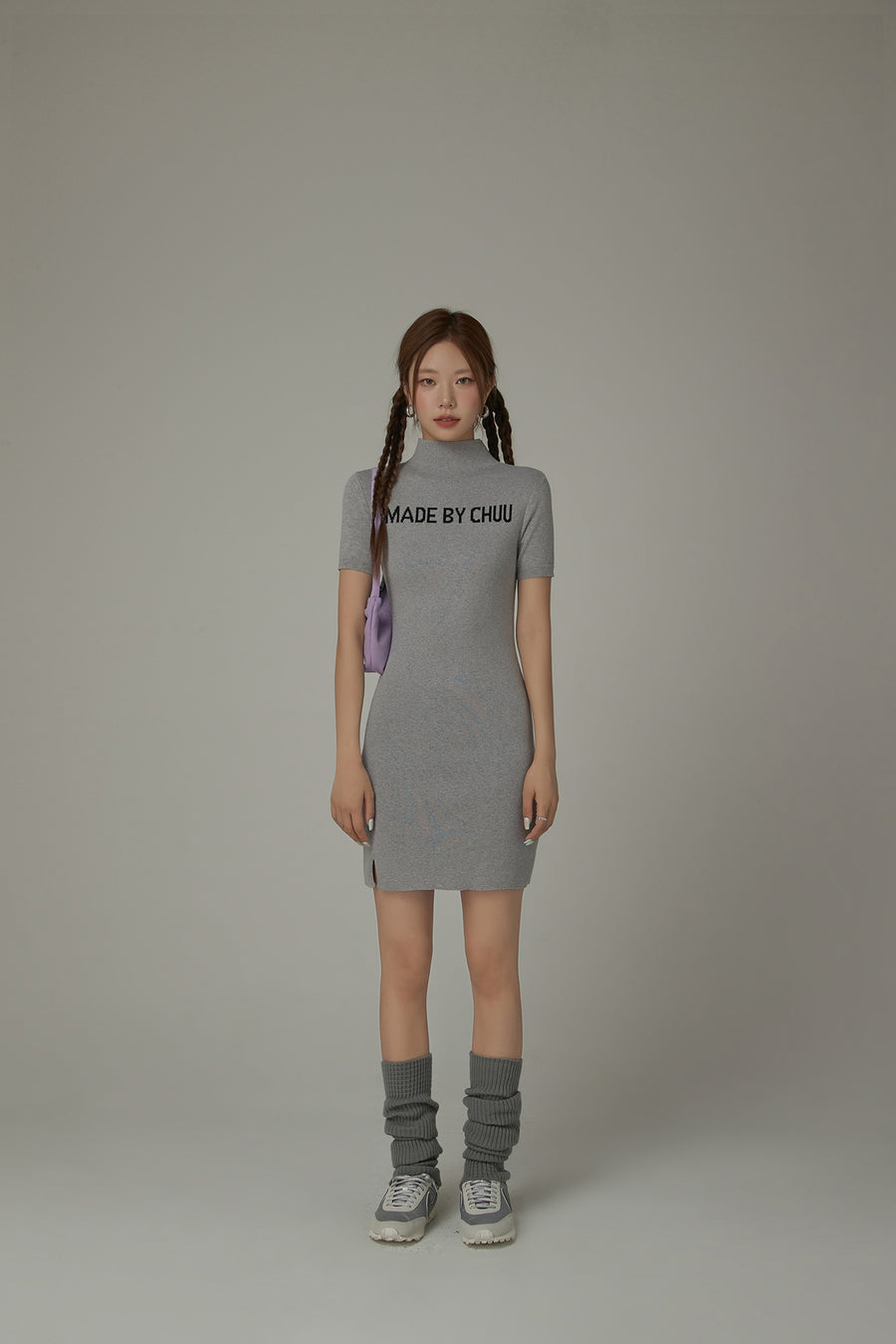 CHUU High Neck Logo Knit Mini Dress