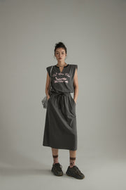 Printed Elastic Waist Drawstring Mid-Length Sleeveless Dress