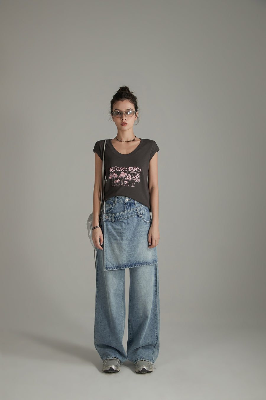 CHUU Layered False Skirt Wide Denim Jeans