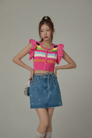 Multi Color Cherry Ribbon Tie Denim Mini Skirt