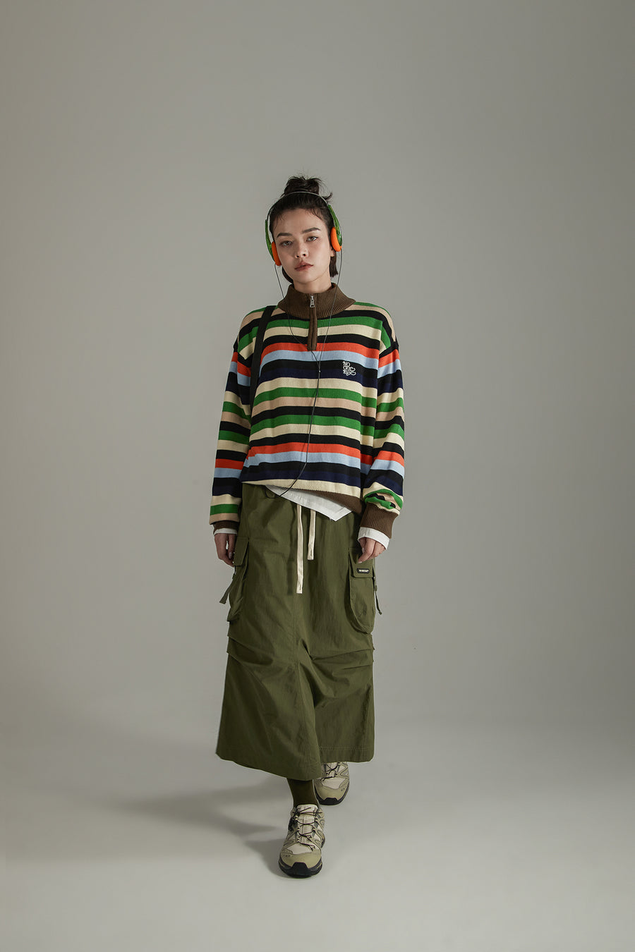 CHUU Rainbow Striped Loose Knit Half Zip Sweater