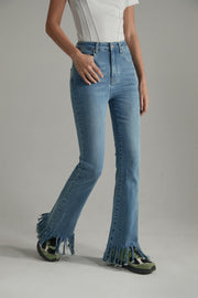 Fringe-Cut Hem Slim Denim Jeans