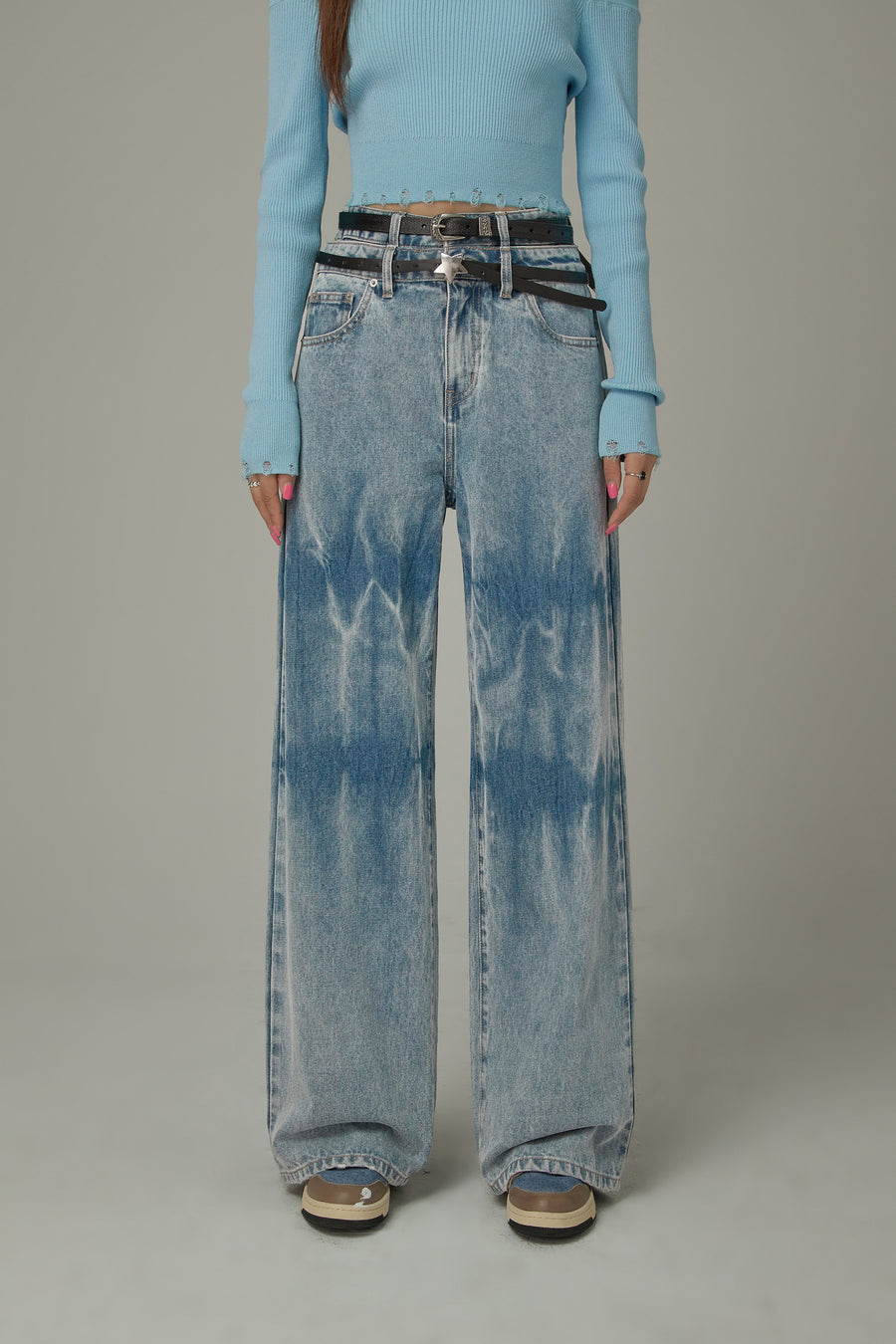 CHUU Double Belted Washed Straight Wide Jeans