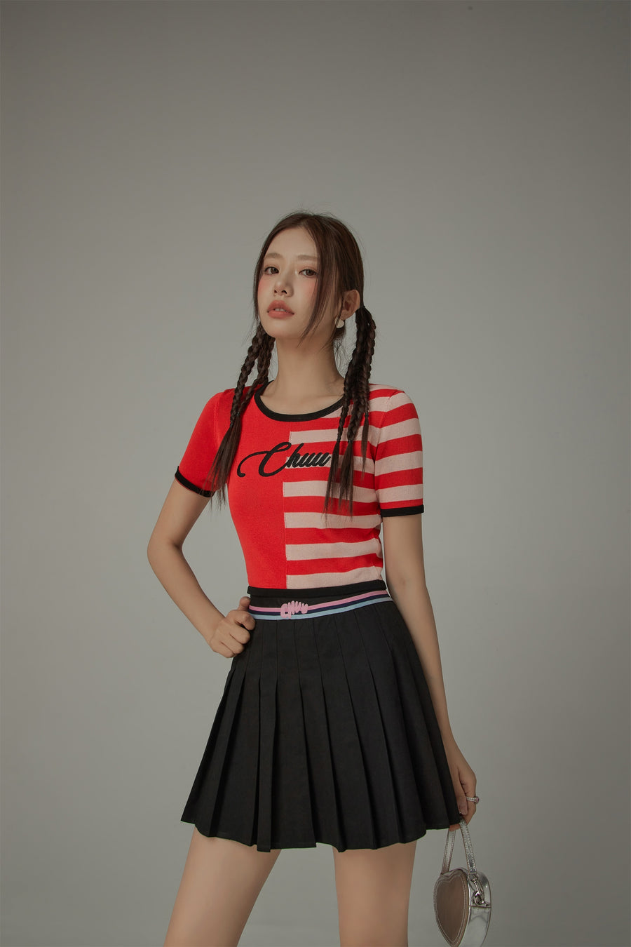 CHUU Chuu Lettering Half Striped Colorblocked Knit Crop Top