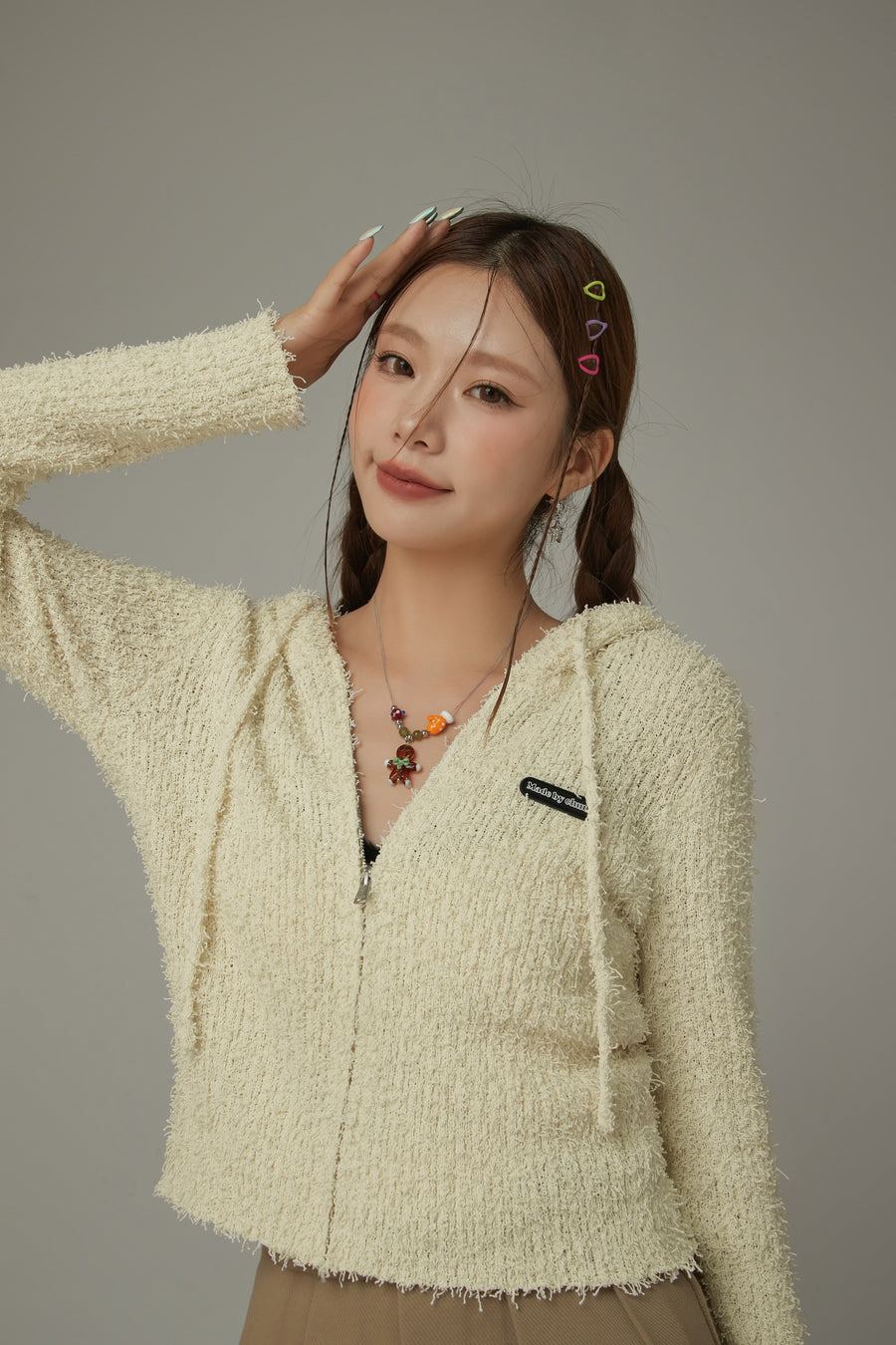 CHUU Fuzzy Hooded Knit Cardigan