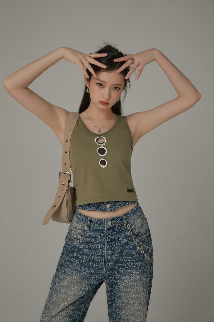 CHUU Dot Cutouts Sleeveless Semi Crop Top