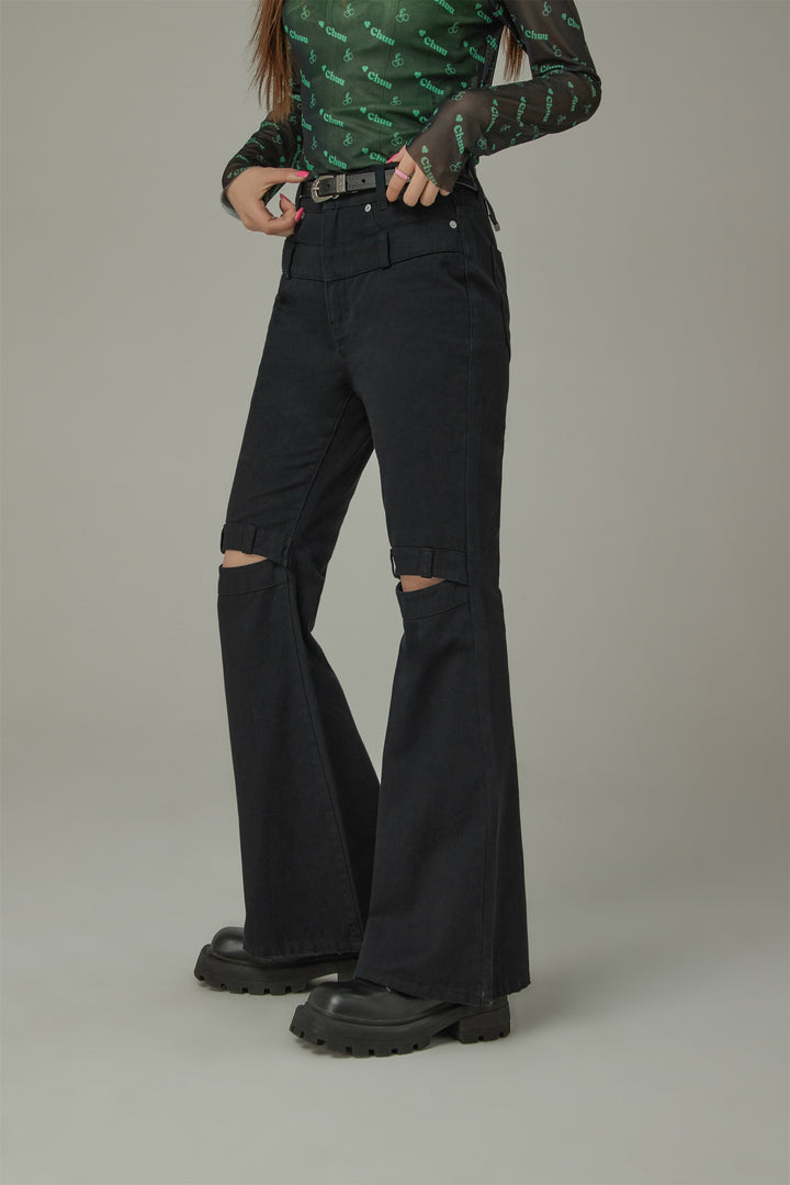 Slit Slim Layered Belt Loops Bootcut Pants