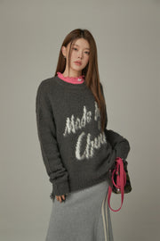 Logo Distressed Lettering Loose Fit Knit Sweater