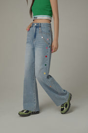 Colorful Heart Embroidered Denim Straight Wide Jeans