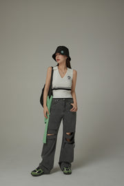 Knit Colorblock Open Collar Sleeveless Vest