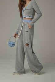 Slit Color Wide Sporty Casual Pants