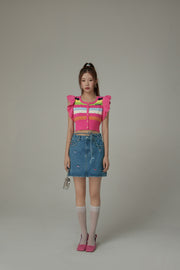 Multi Color Cherry Ribbon Tie Denim Mini Skirt