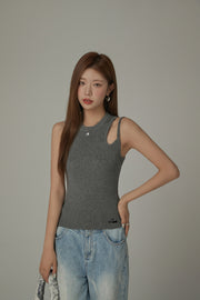 Cherry Ribbed Shoulder Cutout Sleeveless Top