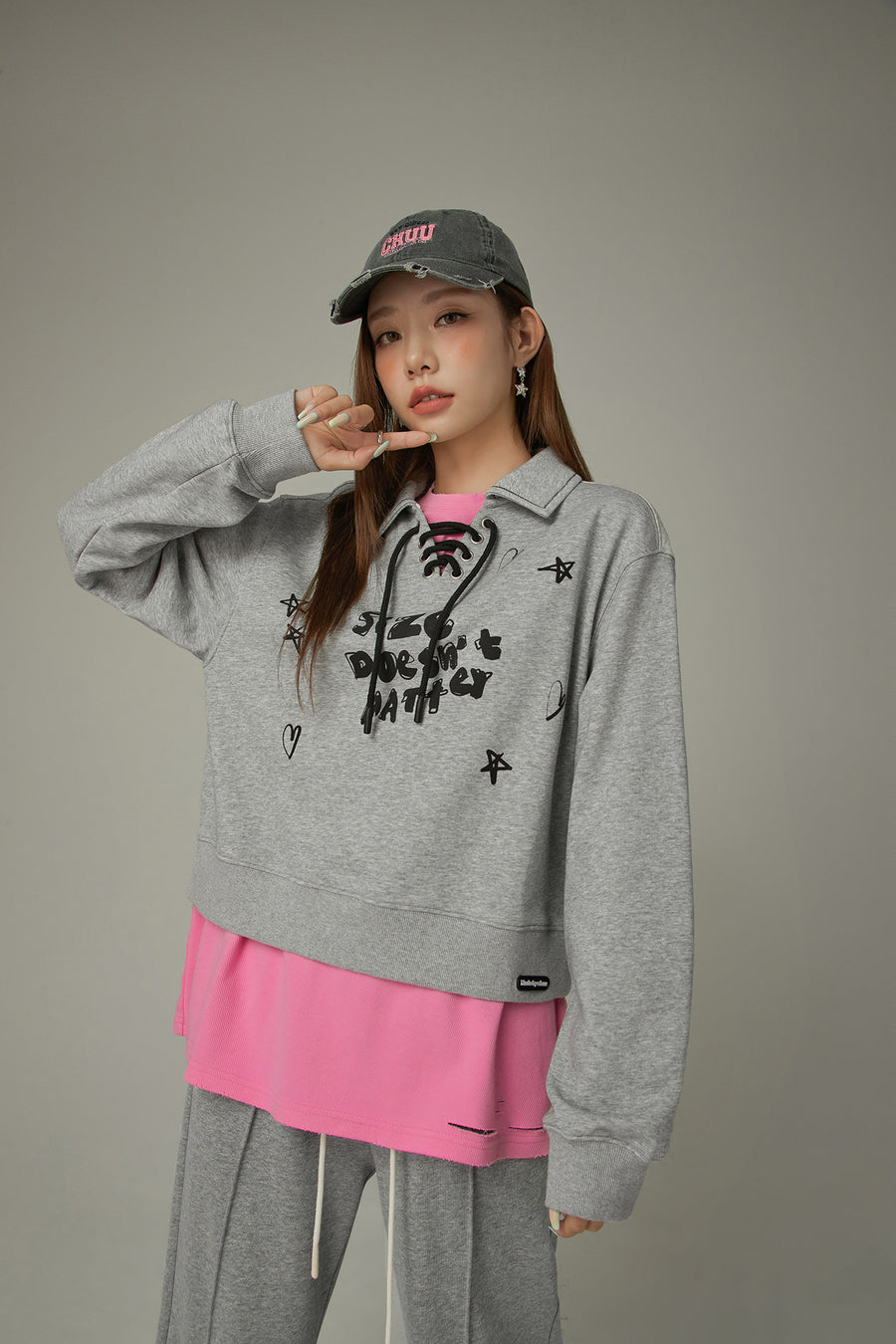 CHUU Size Doesnt Matter Lace Up Sweatshirt